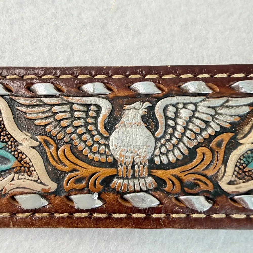 VTG Western Tooled Leather‎ Belt Eagle Floral Inlay Personalized Jerry Size 36